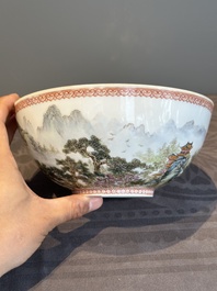 A Chinese famille rose eggshell 'landscape' bowl, signed Zou Guojun 鄒國鈞, Jing De Zhen Zhi 景德鎮制 mark, dated 1959
