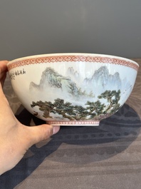 A Chinese famille rose eggshell 'landscape' bowl, signed Zou Guojun 鄒國鈞, Jing De Zhen Zhi 景德鎮制 mark, dated 1959