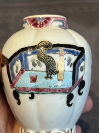A pair of Chinese famille rose 'antiquities' tea caddies and covers, Yongzheng/Qianlong
