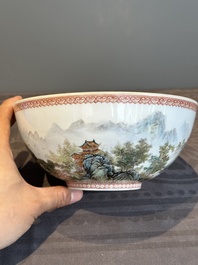 A Chinese famille rose eggshell 'landscape' bowl, signed Zou Guojun 鄒國鈞, Jing De Zhen Zhi 景德鎮制 mark, dated 1959