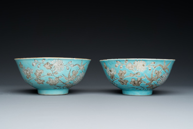 A pair of Chinese 'Da Ya Zhai 大雅齋' turquoise-ground grisaille bowls, Yong Qing Chang Chun 永慶長春 mark, Guangxu