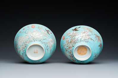 A pair of Chinese 'Da Ya Zhai 大雅齋' turquoise-ground grisaille bowls, Yong Qing Chang Chun 永慶長春 mark, Guangxu