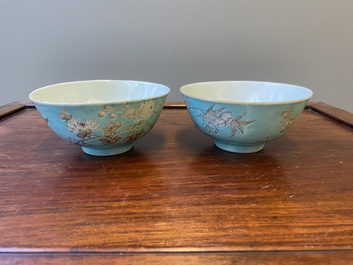 A pair of Chinese 'Da Ya Zhai 大雅齋' turquoise-ground grisaille bowls, Yong Qing Chang Chun 永慶長春 mark, Guangxu