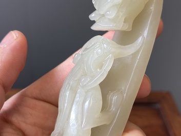 Two Chinese white and celadon jade belt hooks, Qing