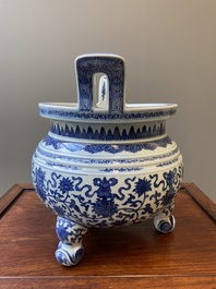 A large Chinese blue and white 'bajixiang' and 'lotus scrolls' tripod censer, Qianlong