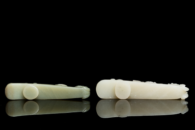 Two Chinese white and celadon jade belt hooks, Qing