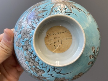 A pair of Chinese 'Da Ya Zhai 大雅齋' turquoise-ground grisaille bowls, Yong Qing Chang Chun 永慶長春 mark, Guangxu