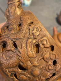 Three Chinese Yixing stoneware teapots and a pair of famille rose phoenixes, 19/20th C.