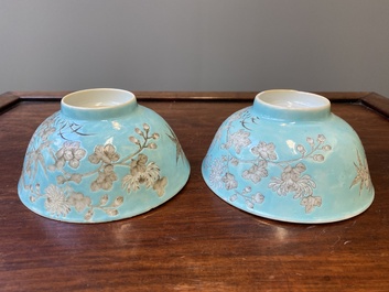 A pair of Chinese 'Da Ya Zhai 大雅齋' turquoise-ground grisaille bowls, Yong Qing Chang Chun 永慶長春 mark, Guangxu