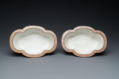A pair of Chinese Canton enamel quatrefoil jardini&egrave;res with figural design, Qianlong mark, 19th C.