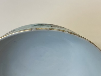 A pair of Chinese 'Da Ya Zhai 大雅齋' turquoise-ground grisaille bowls, Yong Qing Chang Chun 永慶長春 mark, Guangxu