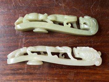 Two Chinese white and celadon jade belt hooks, Qing