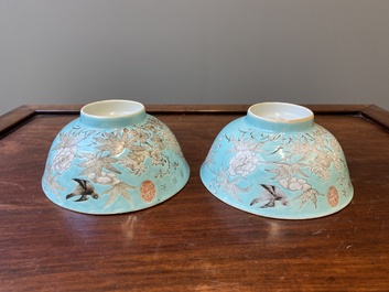 A pair of Chinese 'Da Ya Zhai 大雅齋' turquoise-ground grisaille bowls, Yong Qing Chang Chun 永慶長春 mark, Guangxu