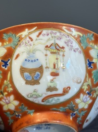 A Chinese famille rose coral-red-ground 'antiquities' bowl, Yongzheng mark, Republic