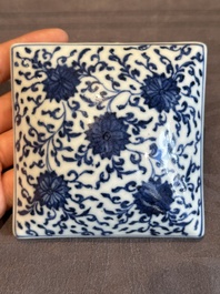 A Chinese blue and white square 'lotus scroll' box and cover, Qianlong
