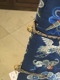 A Chinese gold thread embroidered blue-ground silk 'dragon' robe, 19th C.