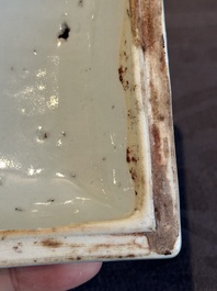 A Chinese blue and white square 'lotus scroll' box and cover, Qianlong