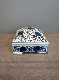 A Chinese blue and white square 'lotus scroll' box and cover, Qianlong