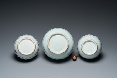 Three Japanese blue and white Arita 'birds among flowering branches' pharmacy bottles, Edo, 18th C.