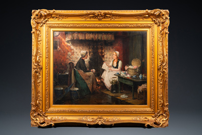 Edward Portielje (1861-1949): Seamstresses in a kitchen, oil on canvas, signed