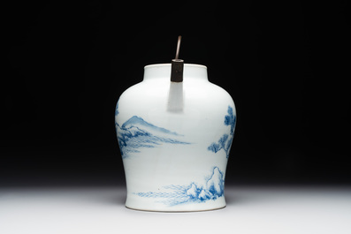 A fine Chinese blue and white 'Bleu de Hue' 'landscape' ewer with bronze mount, Chenghua mark, 18/19th C.