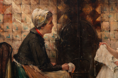 Edward Portielje (1861-1949): Seamstresses in a kitchen, oil on canvas, signed
