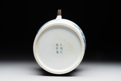A fine Chinese blue and white 'Bleu de Hue' 'landscape' ewer with bronze mount, Chenghua mark, 18/19th C.