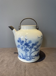 A fine Chinese blue and white 'Bleu de Hue' 'landscape' ewer with bronze mount, Chenghua mark, 18/19th C.