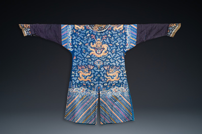 A Chinese gold thread embroidered blue-ground silk 'dragon' robe, 19th C.