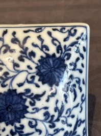 A Chinese blue and white square 'lotus scroll' box and cover, Qianlong