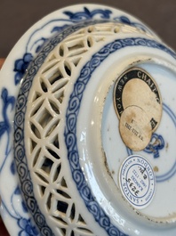 A Chinese blue and white reticulated double-walled cup and saucer, lingzhi mark, Kangxi