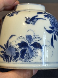 A Chinese blue and white bell-shaped water pot with birds among flowering branches, Kangxi