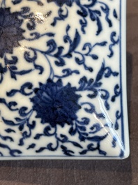 A Chinese blue and white square 'lotus scroll' box and cover, Qianlong