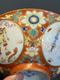 A Chinese famille rose coral-red-ground 'antiquities' bowl, Yongzheng mark, Republic