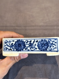 A Chinese blue and white square 'lotus scroll' box and cover, Qianlong