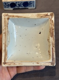 A Chinese blue and white square 'lotus scroll' box and cover, Qianlong
