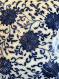 A Chinese blue and white square 'lotus scroll' box and cover, Qianlong