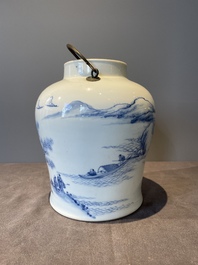 A fine Chinese blue and white 'Bleu de Hue' 'landscape' ewer with bronze mount, Chenghua mark, 18/19th C.