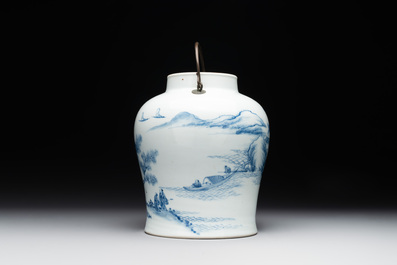 A fine Chinese blue and white 'Bleu de Hue' 'landscape' ewer with bronze mount, Chenghua mark, 18/19th C.