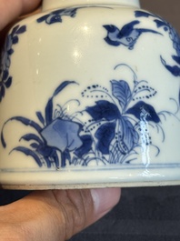 A Chinese blue and white bell-shaped water pot with birds among flowering branches, Kangxi