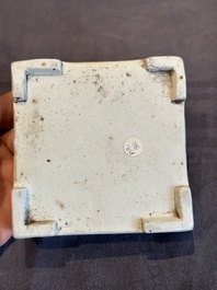 A Chinese blue and white square 'lotus scroll' box and cover, Qianlong