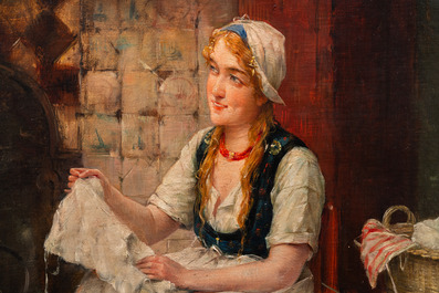 Edward Portielje (1861-1949): Seamstresses in a kitchen, oil on canvas, signed