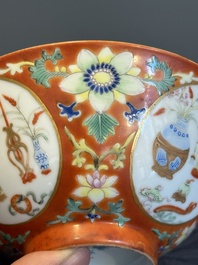 A Chinese famille rose coral-red-ground 'antiquities' bowl, Yongzheng mark, Republic