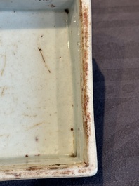 A Chinese blue and white square 'lotus scroll' box and cover, Qianlong