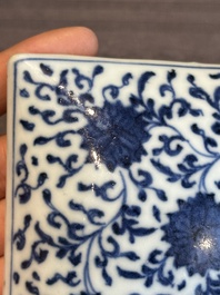 A Chinese blue and white square 'lotus scroll' box and cover, Qianlong