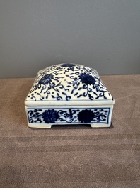 A Chinese blue and white square 'lotus scroll' box and cover, Qianlong