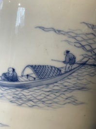 A fine Chinese blue and white 'Bleu de Hue' 'landscape' ewer with bronze mount, Chenghua mark, 18/19th C.