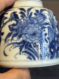 A Chinese blue and white bell-shaped water pot with birds among flowering branches, Kangxi
