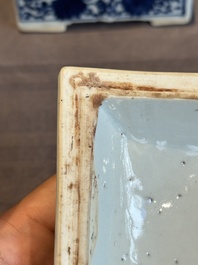 A Chinese blue and white square 'lotus scroll' box and cover, Qianlong