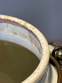 A fine Chinese blue and white 'Bleu de Hue' 'landscape' ewer with bronze mount, Chenghua mark, 18/19th C.